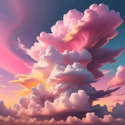 Prompt: Surrealistic cloud formation painting, pastel color scheme, enchanting sunset background, vibrant pink and yellow clouds swirling gently in the sky, inspired by Chris LaBrooy, ethereal ambiance, delicate light play casting soft shadows, colorful clouds blending seamlessly, dreamy atmosphere, ultra-detailed, HD art photography, mesmerizing matte painting.