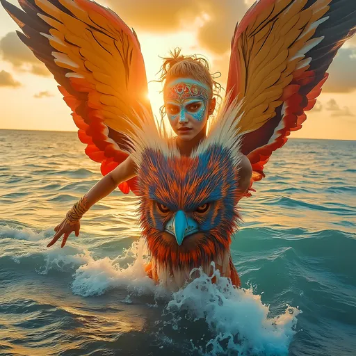 Prompt: Emerging from the shimmering waves at sunset, a striking figure embodies both human and avian characteristics, with vibrant feathers spreading wide as if in flight. The subject, adorned with intricate face paint that echoes the colors of the ocean and sky, showcases a fierce expression while gracefully skimming the water’s surface. Behind, the sun casts a warm golden glow, illuminating the clouds and casting reflections on the rippling waves, creating an ethereal atmosphere. The composition captures the tension between sea and sky, emphasizing the figure's dynamic pose and the magical synthesis of bird and human form. This surreal scene evokes themes of transformation and freedom, blurring the boundaries between nature and human artistry.