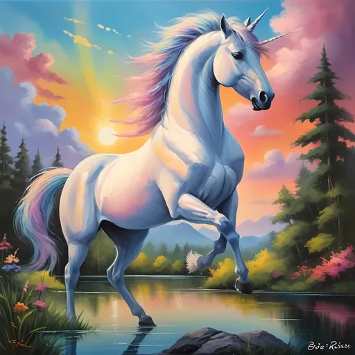 Prompt: (impressionist painting), serene lake, enchanting unicorn, vibrant sunset, (Bob Ross) style, lush greenery, trees with varied foliage, colorful flowers, dreamy clouds drifting, tranquil ambiance, soft brush strokes, nature's colors, (highly detailed), artistic masterpiece, artistic movement elements, peaceful atmosphere, harmonious landscape, impressionistic charm.