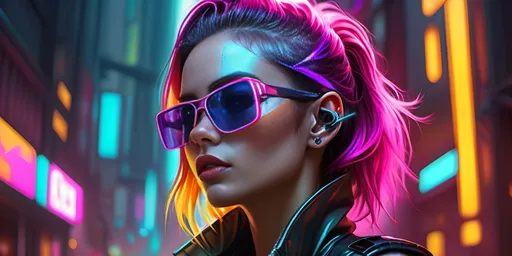 Prompt: (woman with bright makeup, sunglasses on her face), (watch on her ear), cyberpunk art, Artgerm style, photorealistic, highly detailed digital painting, vibrant neon colors, futuristic urban setting, dramatic lighting, intricate textures, captivating expression, dynamic pose, high-definition imagery, cinematic composition, dreamlike atmosphere, modern aesthetic.