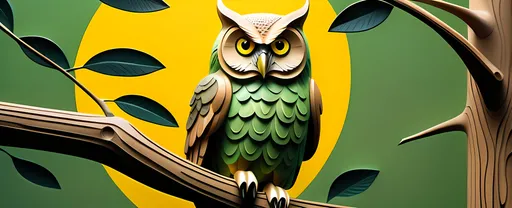 Prompt: photorealistic, large owl perched on a sturdy tree branch, warm colour scheme, vibrant green leaves surrounding, rich green background, striking yellow eye emphasising detail, nature scene, serene ambiance, wildlife photography aesthetic, breathtaking naturalism, highly detailed textures, immense depth, capturing the beauty of the forest, ultra-detailed, meticulous brushwork, immersive foliage, peaceful atmosphere.