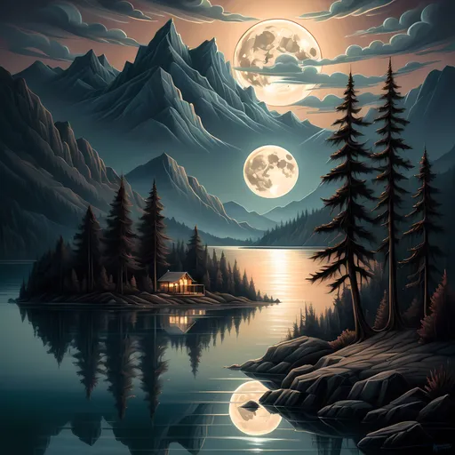 Prompt: Painting of a full moon over a tranquil lake, surrounded by majestic mountains, trees in the foreground adding depth, softly illuminated by moonlight. Inspired by the style of Dan Mumford, with intricate details, enchanting and ethereal ambiance, high-resolution digital art, rich color contrasts, a serene atmosphere, an artistic masterpiece, and inviting calm reflections on water.