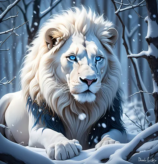 Prompt: (majestic white lion with blue eyes), walking through a snowy forest, snow-covered trees and branches, intricate snowflakes, (digital painting), inspired by Daniel Lieske, vibrant colors, cool tones, serene atmosphere, ethereal glow, (highly detailed), winter wonderland, magical ambiance, immersive landscape.