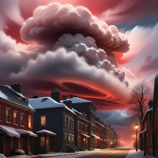 Prompt: Photorealistic image, a long cloud dramatically hovering over a snowy landscape at night, illuminated by a warm street light in the foreground, vibrant red sky contrasting against dark shades, a masterpiece of art photography blended with airbrush techniques, colorful clouds swirling, conveying a sense of tranquil solitude and chilling beauty, ultra-detailed, captivatingly moody ambiance.