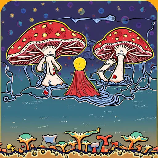 Prompt: A whimsical landscape unfolds, dominated by vibrant red and white mushrooms that rise around a figure clad in a flowing crimson robe, whose simplistic mask-like face adds an air of mystery. This character stands at the center of a swirling, psychedelic portal filled with colorful orbs and ethereal patterns that create a dreamlike atmosphere. The background of deep blues and vivid reds transitions seamlessly, suggesting a cosmic or fantasy realm, infused with a playful yet surreal energy. The overall composition draws the eye inward, emphasizing the enchanting circular form of the portal that invites exploration and ignites the imagination. The art combines bold colors and fluid shapes, capturing a mood that balances between whimsy and intrigue.