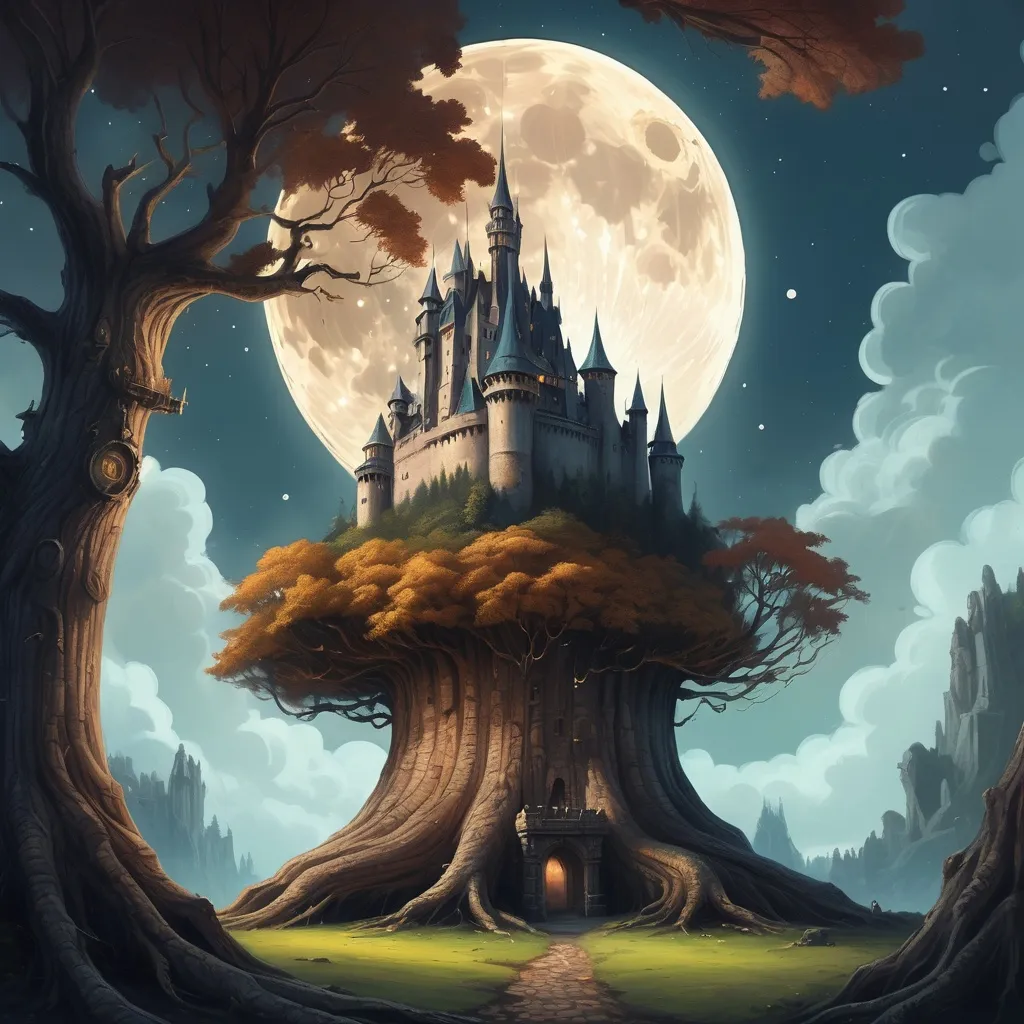 Prompt: a painting of a castle surrounded by a giant tree trunk and a giant moon in the sky above it, Anato Finnstark, fantasy art, fantasy artwork, a storybook illustration