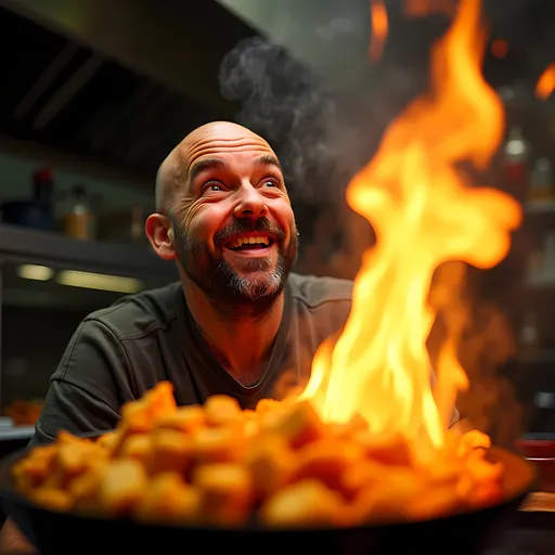 Prompt: In a dramatic culinary scene, a bald man with a neatly trimmed beard looks up with an expression of delight and surprise, his mouth slightly open in an enthusiastic smile. Behind him, a vibrant stir-fry featuring golden, crispy pieces of fried food, likely chicken or tofu, is sizzling in fiery flames that leap upward, sending a plume of steam and smoke into the air. The dynamic contrast between the bright orange flames and the rich colors of the food creates a visually arresting composition, emphasizing the heat and excitement of cooking. The background hints at a bustling kitchen atmosphere, filled with the excitement and allure of a gourmet experience, while the warm lighting enhances the inviting nature of the dish. Overall, the image conveys a joyful celebration of food and cooking, capturing a moment where culinary artistry meets sheer enthusiasm.