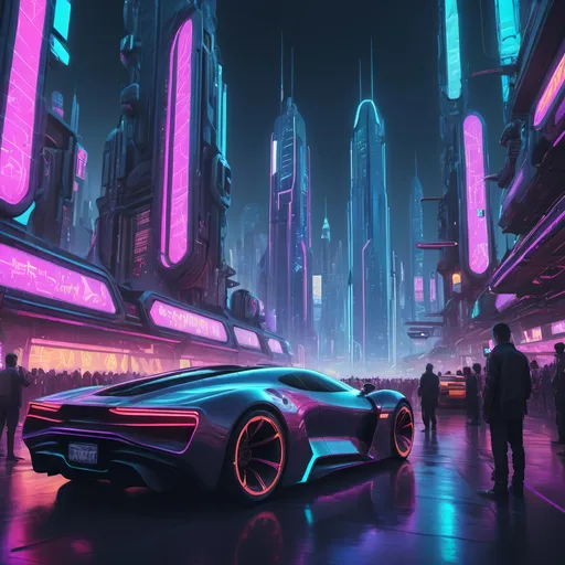 Prompt: (futuristic cityscape), (futuristic car), people standing around it, (futuristic building) with a sleek, high-tech structure, (retrofuturism), vibrant neon colors, dynamic lighting, a bustling atmosphere, a cyberpunk art style, detailed backgrounds of towering skyscrapers, intricate details, and glowing advertisements, 4K, trending on ArtStation, ultra-detailed representation of an advanced urban environment.