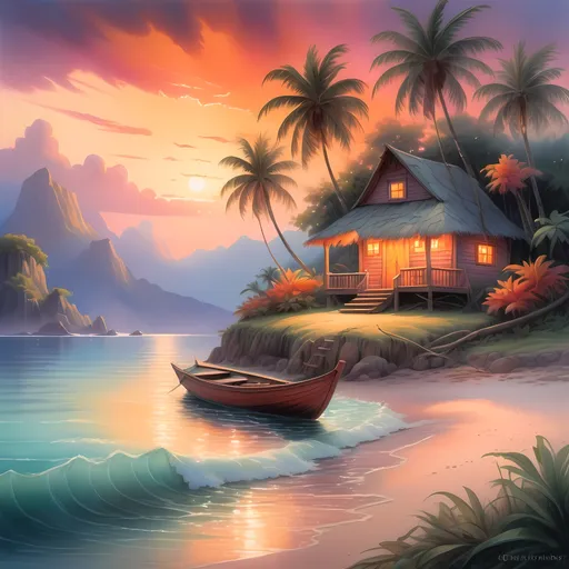 Prompt: Tropical island landscape, watercolor painting, featuring a serene boat resting on the shore beside a charming hut, glowing sunset in the background casting vibrant oranges and pinks over the scene, lush greenery framing the picturesque view, inspired by Christophe Vacher and Thomas Kinkade, dreamy and magical ambiance, ultra-detailed, captivating fantasy art style.