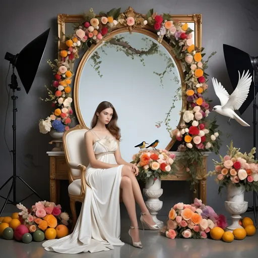 Prompt: (woman sitting in a chair), (in front of a mirror), (beautiful flowers and colorful birds surrounding), (a bird perched on the mirror), (elegant neoclassicism style), (fashion photography influences), (marble sculpture details), soft warm lighting, high-detail, lavish ambiance, serene and peaceful atmosphere, exquisitely composed elements, striking reflections, harmonious blending of nature and art, ultra-detailed 4K quality.