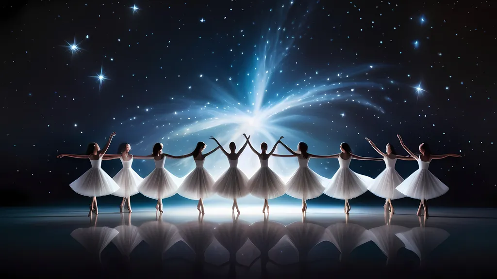 Prompt: a group of dancers in white dresses are dancing in front of a star filled sky with stars and a galaxy, Alice Prin, arabesque, cinematic photography, a photorealistic painting