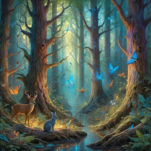 Prompt: (fantasy art), painting of a forest, (a myriad of trees), (detailed wildlife), vibrant animals scattering, ethereal blue light illuminating the center, tranquil ambiance, intricate texture elements of bark and foliage, (impressionistic style), enchanting colors, whimsical atmosphere, depth and layers creating a sense of wonder, inviting and atmospheric, (4K resolution), ultra-detailed craftsmanship, masterful composition.