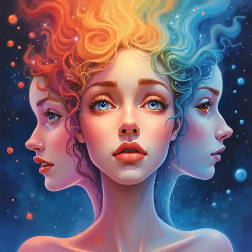 Prompt: Create a surreal, multidimensional portrait of a person with multiple faces, each depicting a distinct emotion—joy, sorrow, anger, and serenity—swirling together in a vibrant kaleidoscope of colors. The background is a dreamlike void, with soft, ethereal light casting gentle shadows that dance across the facial expressions. Each face glimmers with a unique hue, merging into one another, creating a fluid transition that captures the essence of human complexity. The person's gaze transcends reality, inviting the viewer to explore the depths of each emotion. Suggest using a dreamy watercolor illustration style to enhance the whimsical and emotional resonance of the scene.
