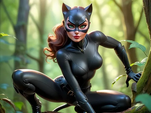 Prompt: (catwoman in a dynamic pose), mysterious forest background, lush green trees and dappled sunlight filtering through, (vibrant colors), feline features highlighted, wearing sleek, dark attire that blends with the surroundings, (highly detailed), (mystical vibe), captivating expression suggesting agility and confidence, enchanting atmosphere with subtle magical elements, (4K resolution), emphasizes the beauty and allure of the feline character.