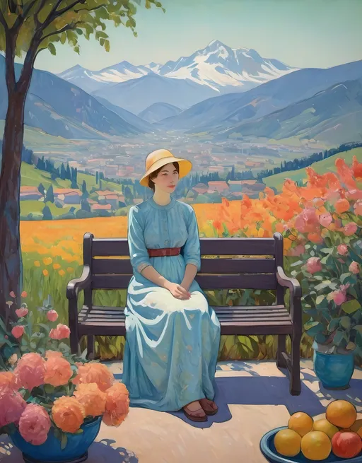 Prompt: (Artistic masterpiece) painting of a woman sitting on a bench, surrounded by vibrant flowers and colorful fruits in the background, majestic mountains looming in the distance, (Cuno Amiet inspired), colors are joyful and rich, emphasizing the beauty of nature, (synthetism style), studio portrait setting, ultra-detailed, captivating ambiance full of charm and serenity.