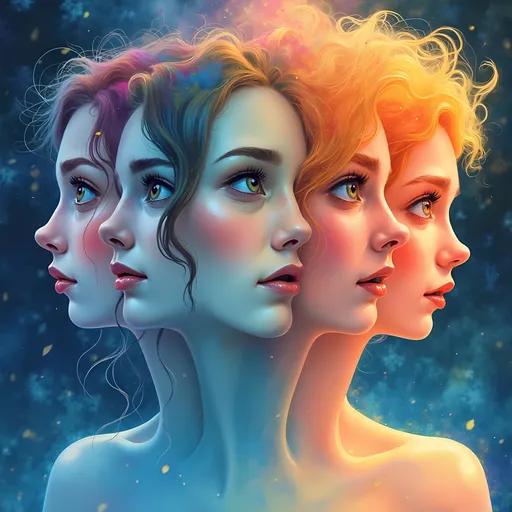 Prompt: Create a surreal, multidimensional portrait of a person with multiple faces, each depicting a distinct emotion—joy, sorrow, anger, and serenity—swirling together in a vibrant kaleidoscope of colors. The background is a dreamlike void, with soft, ethereal light casting gentle shadows that dance across the facial expressions. Each face glimmers with a unique hue, merging into one another, creating a fluid transition that captures the essence of human complexity. The person's gaze transcends reality, inviting the viewer to explore the depths of each emotion. Suggest using a dreamy watercolor illustration style to enhance the whimsical and emotional resonance of the scene.