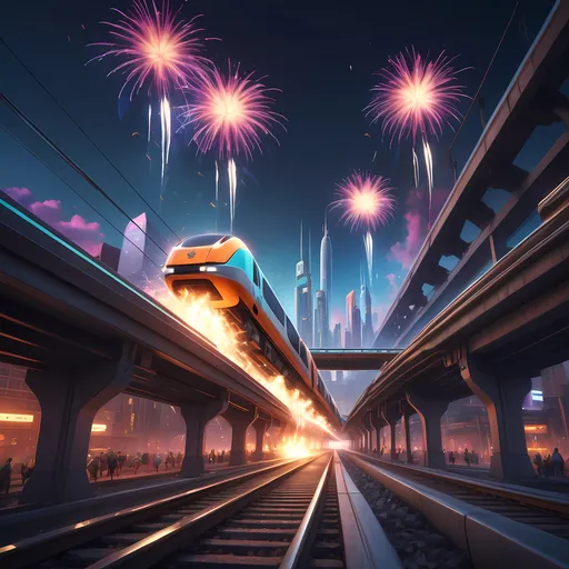 Prompt: (car driving through a vibrant city), (fireworks exploding in a colorful sky), (train on tracks below), futuristic architecture, dynamic urban landscape, cinematic lighting, (major artistic influence: Cedric Peyravernay), detailed textures, rich color palette, (sots art style), (high quality concept art), (thoroughly detailed environment), (CRYENGINE).