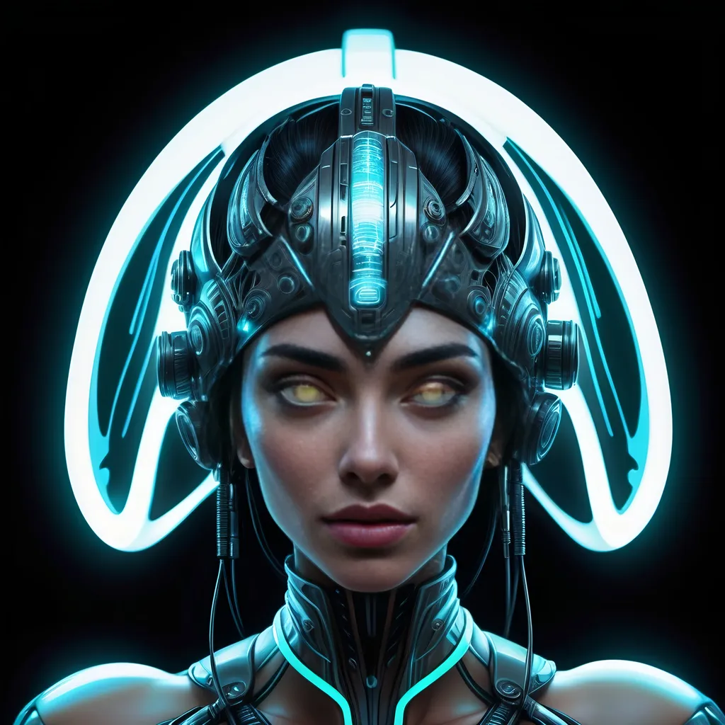 Prompt: Futuristic sci-fi woman with a sleek headpiece, glowing eyes, and intricate technological details, set against an enigmatic black background, vivid neon cool colors pulsing with energy. Inspired by Android Jones, featuring captivating fantasy art elements, a breathtaking cyberpunk aesthetic, high detail and clarity, ultra-detailed, evoking mystery and wonder in a visually stunning composition.