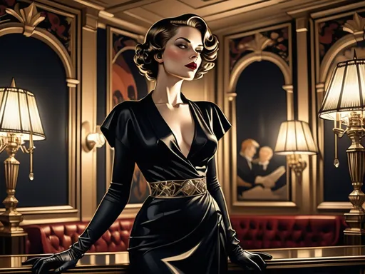 Prompt: (central content: woman in a black dress and gloves), (Luxurious room), chandeliers and wall lamps, (art deco style), (freedom of expression), (elegant posture), dramatic lighting casting rich shadows, intricate details and patterns, (J.C. Leyendecker inspired), (comic book panel design), vibrant color contrast, (highly detailed), 8K ultra-resolution, cinematic ambiance.