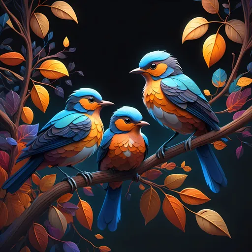 Prompt: (detailed painting), birds sitting on a tree branch, vibrant leaves, (dark background), Chris LaBrooy style, generative art influence, intricate textures, soft highlights on leaves and feathers, serene ambiance, enchanting mood, atmospheric composition, high-quality 4K, ultra-detailed, artistically captivating imagery, masterful blending of colors.