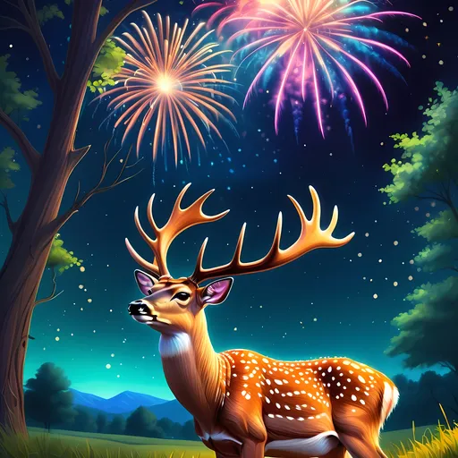 Prompt: (deer in a field), (vibrant colors), majestic night scene, sky filled with stars, stunning fireworks display, (fantasy art), rich details, captivating atmosphere, inspired by Chris LaBrooy, ultra-detailed digital painting, airbrush techniques, luxurious and enchanting ambiance, (high quality), radiant lights bursting in the night, serene nature backdrop with lush greenery.