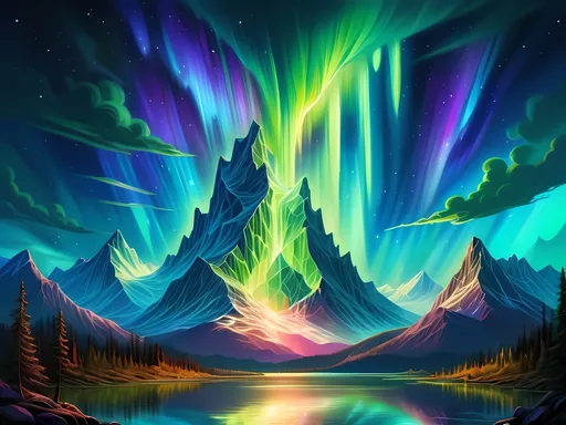 Prompt: (aurora borealis), vibrant colors, mesmerizing greens and blues, captivating energy, stunning mountain range, serene lake in the foreground, detailed texture, (posters of Dan Mumford style), fantastical elements inspired by Josan Gonzales, dramatic lighting, high contrast, (digital painting), ultra-detailed, cosmic ambiance, immersive atmosphere, subtle reflections on the water.