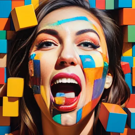 Prompt: a colorful face made of many different colored blocks and a woman's face with her mouth open and tongue out, Chris LaBrooy, interactive art, detailed face, a pop art painting