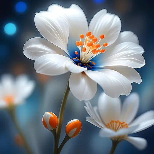 Prompt: (photorealistic), white flower, orange stamens, (macro photography), (airbrush painting), cloisonnism style, golden and blue lights in the background, beautifully blurred ambiance, soft bokeh effect, serene atmosphere, ultra-detailed, vibrant color contrast, artistic mastery, intricate textures, luminous glow, captivating composition, enhancing floral elegance.