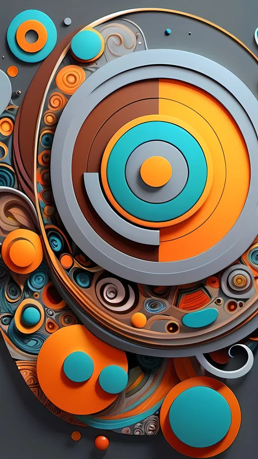 Prompt: (colorful abstract design), (circles and dots), (surreal elements), (vibrant colors), (flat design), (abstract painting), intricate patterns, striking contrasts, dynamic movement, harmonious composition, artistically influenced by Android Jones, detailed textures, soft gray background interspersed with rich brown accents, ultra-detailed, mesmerizing ambiance, 4K quality.