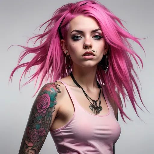 Prompt: (woman with pink hair and piercings), (punk style haircut), gothic art style, character portrait, vibrant colors, expressive pose, edgy atmosphere, intricate tattoos, dramatic lighting, richly detailed background, capturing punk culture, high-energy vibe, ultra-detailed, striking visual impact.