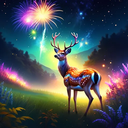 Prompt: (deer in a field), (vibrant colors), majestic night scene, sky filled with stars, stunning fireworks display, (fantasy art), rich details, captivating atmosphere, inspired by Chris LaBrooy, ultra-detailed digital painting, airbrush techniques, luxurious and enchanting ambiance, (high quality), radiant lights bursting in the night, serene nature backdrop with lush greenery.