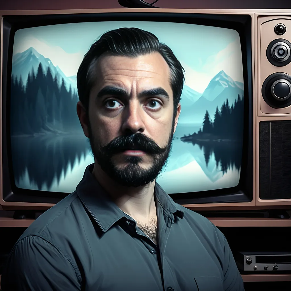 Prompt: a man with a beard and a mustache is shown in a digital painting style image with a tv in the background, Bedwyr Williams, digital art, unsettling, a digital rendering