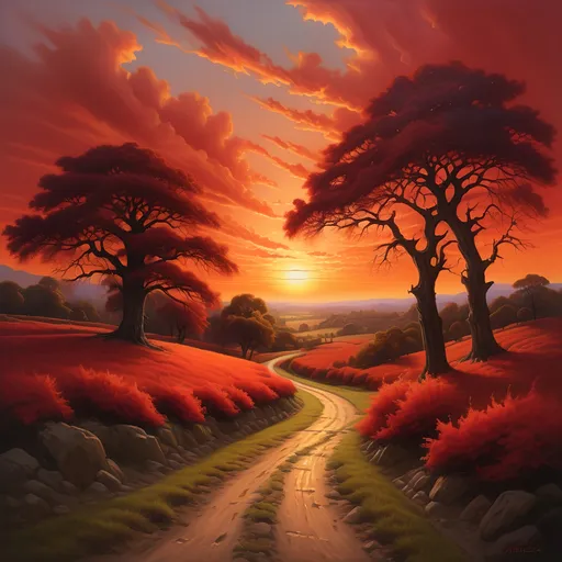 Prompt: Photorealistic sunset painting, warm golden and red color scheme, majestic trees silhouetted against a vibrant red sky, a winding path leading towards a radiant sun in the distance, inspired by Andreas Rocha, reflecting an American scene painting style and reminiscent of Magic: The Gathering artwork, ultra-detailed, captivating ambiance. Oil painting masterpiece.