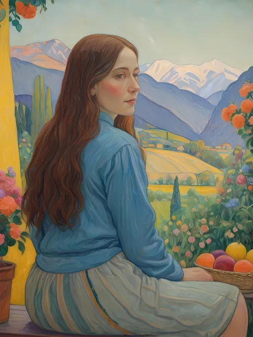 Prompt: (Artistic masterpiece) painting of a woman sitting on a bench, surrounded by vibrant flowers and colorful fruits in the background, majestic mountains looming in the distance, (Cuno Amiet inspired), colors are joyful and rich, emphasizing the beauty of nature, (synthetism style), studio portrait setting, ultra-detailed, captivating ambiance full of charm and serenity.