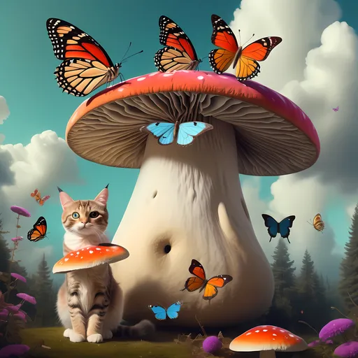 Prompt: (cat and kitten) standing curiously in front of a (giant mushroom hat adorned with vibrant butterflies), a (large butterfly resting on top), (Chris LaBrooy style), (pop surrealism), (surreal photography), (surrealist painting), whimsical atmosphere, bright colors, dreamy ambiance, (4K ultra-detailed), captivating composition, imaginative surroundings, fantastical elements, emotive expressions on the cat and kitten, whimsical dreamlike landscape.