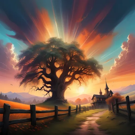 Prompt: Fantasy cityscape at sunset, vibrant color scheme, enchanted trees and a rustic fence in the foreground, majestic hill silhouette, breathtaking crepuscular rays, inspired by Dave Allsop, naturalistic details, dreamy atmosphere, ultra-detailed matte painting, rich textures, warm hues blending into twilight, captivating ambiance, artistic masterpiece.