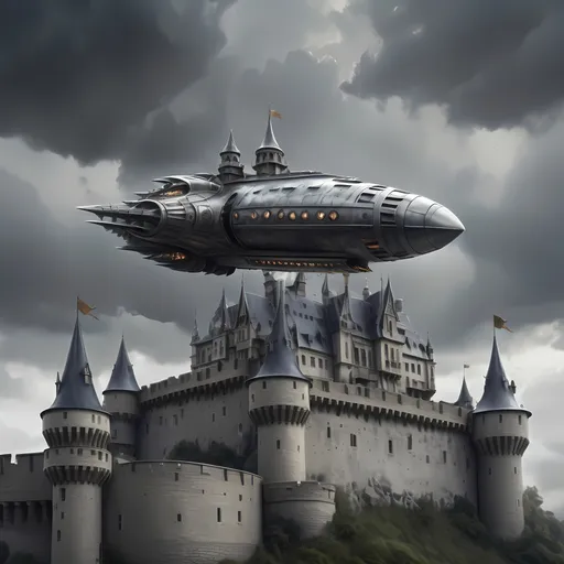 Prompt: (large silver object), (fantasy art), majestic castle, dark clouds in the background, moody atmosphere, intricate details, soaring flying object above, dramatic lighting, cinematic depth, ethereal skies, highly detailed, ultra-detailed matte painting, enchanted landscape, mystical vibe, evoking wonder and awe, evoking a sense of adventure.