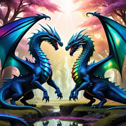 Prompt: **AI Art Prompt: Fantastical Surreal Dragon Fight**

Imagine a vibrant, dreamlike landscape where two colossal dragons face off in an epic battle. One dragon is adorned with iridescent scales that shimmer like a thousand colors, its wings resembling stained glass windows catching the light. The other dragon, more ethereal in nature, has a translucent body that shifts and pulses with swirling galaxies, its eyes glowing like distant stars.

The background features a surreal sky painted in hues of deep purple and electric blue, with floating islands draped in luminescent plants. The ground is a patchwork of unusual terrain—crystal formations jutting out, rivers of liquid light, and trees with twisted trunks that spiral toward the sky.

Capture the moment of their fierce clash, with flames and cosmic energy colliding mid-air, creating an explosion of brilliant colors and patterns. Surround them with whimsical elements like flying fish, clockwork butterflies, and swirling clouds that take on fantastical shapes, enhancing the surreal atmosphere of this dramatic encounter.