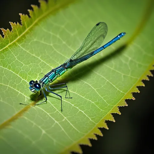 Prompt: A damselfly gazes through a hole in a vibrant green leaf, offering a rare glimpse into its delicate world 

The contrast between the insect's slender form and the leaf's textured surface underscores the intricate beauty of nature's hidden wonders.
