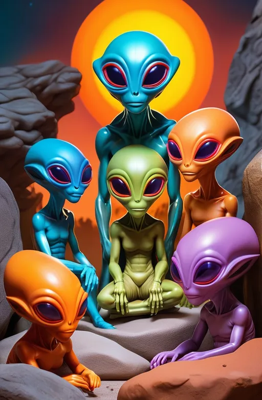 Prompt: fantasy scene of (a group of vibrant alien figurines), sitting on (a rock-covered ground), next to (a giant sun), (warm color scheme), inspired by (Anne Stokes), (pop surrealism), influenced by (rossdraws global illumination), (airbrush painting), dreamy atmosphere, magical lighting, imaginative details, ultra-detailed, high quality, captivating artwork.