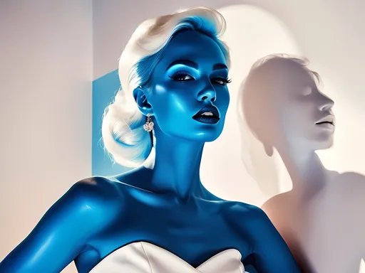 Prompt: (vibrant color scheme), (luxury style), woman posing in a white dress, striking blue makeup, graceful demeanor, blue background contrasting with a crisp white wall, inspired by David LaChapelle, (pop art) elements, high-quality promotional image, dynamic and bold, eye-catching composition, bright and saturated tones, (masterpiece) quality in artistic expression, ultra-detailed, capturing the essence of modern elegance and artistic flair.