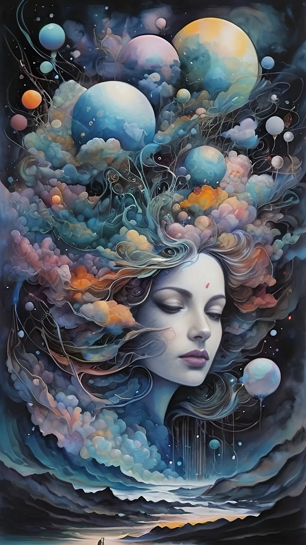 Prompt: (intricate oil painting), a woman with her head in the clouds, whimsical planets floating above her head, a distant man standing on a serene beach, fantasy art style, dreamy atmosphere, soft and vivid color palette, sweeping brush strokes, profound emotional vibe, high detail, visually mesmerizing, captivating composition, ethereal clouds, peaceful shoreline.