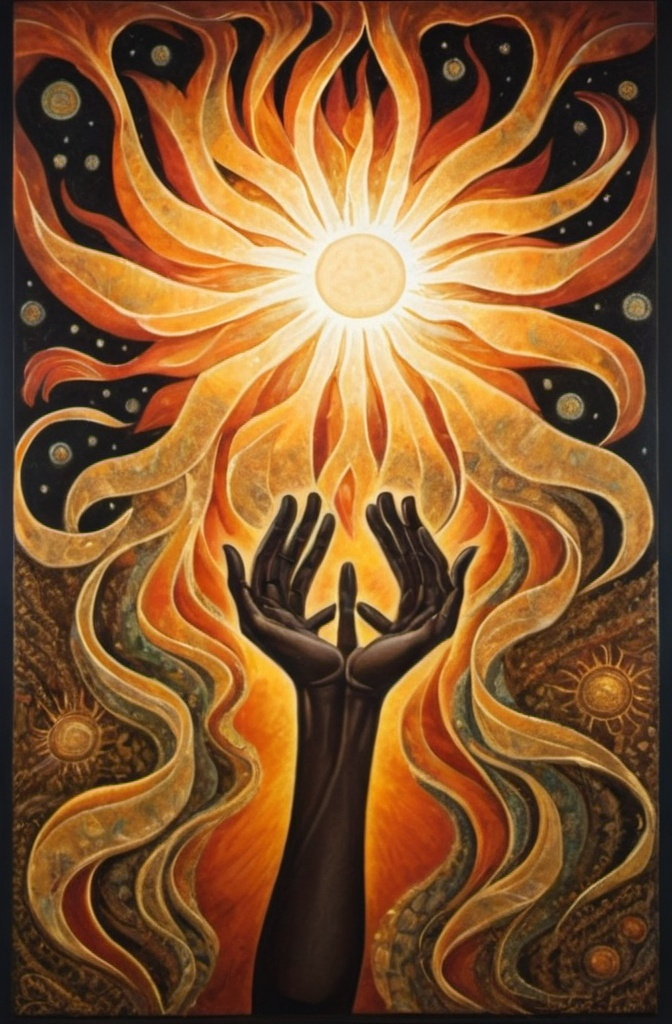 Prompt: a painting of a person reaching up to the sun with their hands in the air, with a black background, Amanda Sage, fantasy art, sun, an ultrafine detailed painting