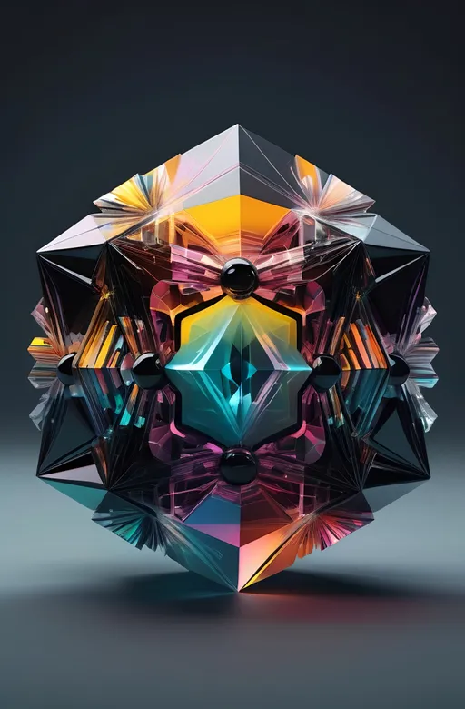 Prompt: Multicolored object, vividly kaleidoscopic hues creating a dazzling effect against two contrasting backgrounds: deep black and subtle gray, designed in the unique style of Beeple, crystal cubism influence with intricate geometry, enhanced by meticulous raytracing for sharp reflections and dreamy highlights, creating a harmonious, dynamic aesthetic. 4K ultra-detailed, showcasing the interplay of light and form beautifully.