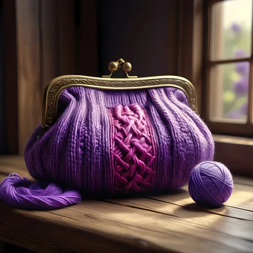 Prompt: (photorealistic) image of a beautifully designed purse and a vibrant purple ball of yarn resting elegantly on a rustic wooden table, bathed in soft natural light from a large window behind, intricate (finely detailed) textures, homage to the arts and crafts movement, featuring elements of cross stitch artistry, warm and inviting ambiance, ultra-detailed, high-quality 4K.