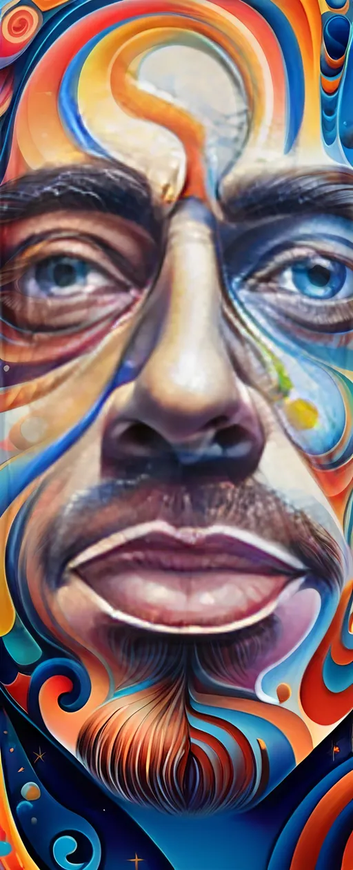 Prompt: (surrealism style painting), man's face, (colorful swirl pattern) across the face, vibrant color scheme, (blue background), inspired by Android Jones and Tristan Eaton, psychedelic art, ultrafine details, rich textures, captivating composition, (highly detailed), extravagant colors, dreamlike atmosphere, (modern masterpiece), creative expression with a twist of imagination.