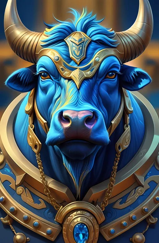 Prompt: (blue bull), (gold horns), (blue collar with gold details), colorful blue background, Android Jones style, furry art, ultra-detailed digital painting, masterful texture work, immersive artistic composition, impressive shading techniques, depth in expression, vibrant colors bursting vividly, enchanting and captivating atmosphere, modern fantasy aesthetic, 4K resolution