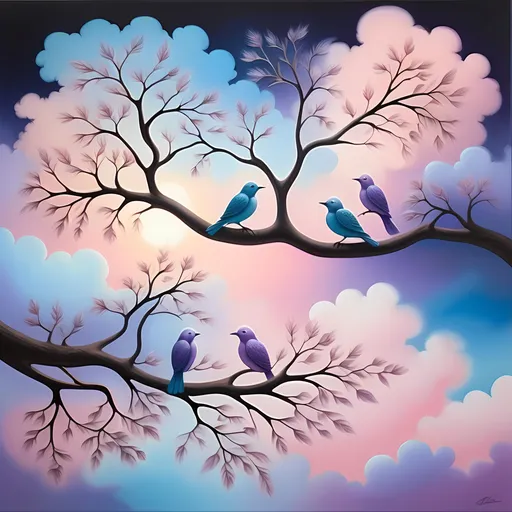 Prompt: (metaphysical painting) of birds perched on a tree branch, surrounded by ethereal clouds, (colorful sky) illuminated in shades of pastel pink, blue, and lavender, (dreamy atmosphere) radiating serenity and tranquility, soft airbrush technique for a smooth finish, intricate details in feather textures, (lush tree branches) gracefully intertwined, enchanting ambiance, (highly detailed) and (vibrant colors).