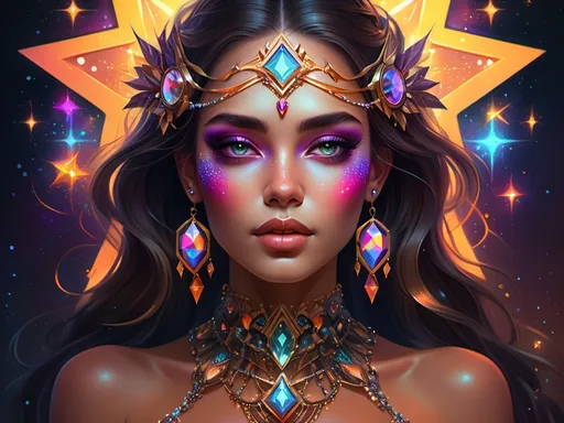 Prompt: digital painting of a woman adorned with vibrant (bright makeup) and intricate jewelry on her face and chest, enchanting background of shimmering stars, warm color scheme, (Artgerm style), fantasy art, (highly detailed), atmospheric vibe, captivating ambiance, (cyberpunk elements), dynamic shapes and patterns, elegant and modern, 4K, ultra-detailed masterpiece.