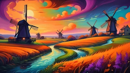 Prompt: (vintage style painting), (vibrant color scheme), magical sunset with rich oranges and purples, distant windmills silhouetted against the horizon, serene stream winding through lush green fields, (swirly vibrant color lines), atmospheric lighting, intricate details in clouds, reflective water, (fantasy art), (fine art masterpiece), captivating and dreamy ambiance, ultra-detailed, 4K quality.